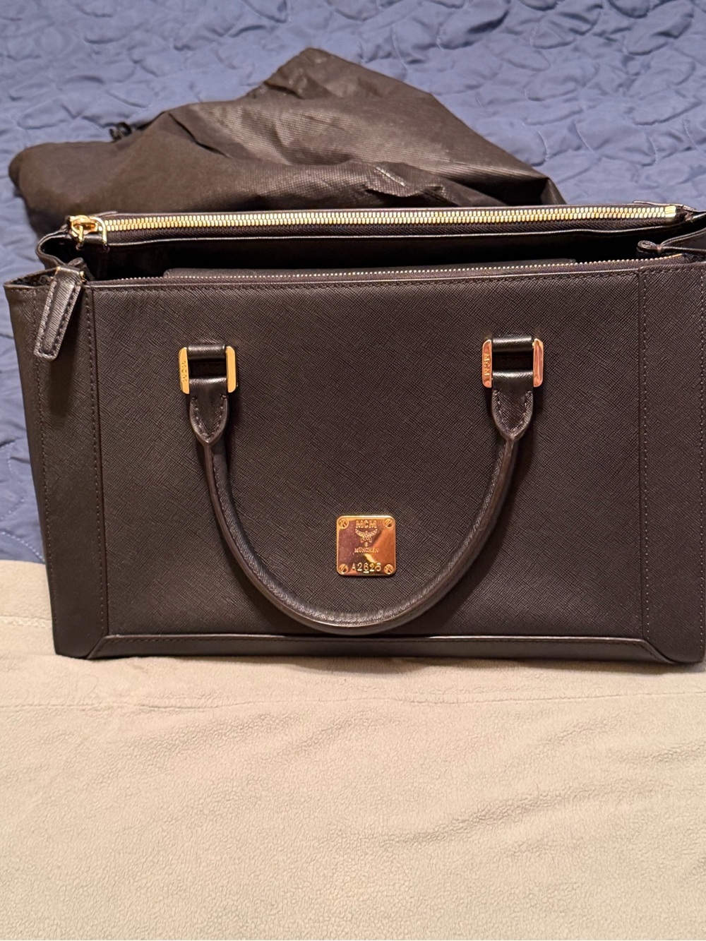 MCM Black Saffiano Leather Satchel with Gold Hardware